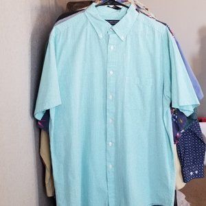 Roundtree & Yorke Lt Green Button Down Seersucker Check Short Sleeve Shirt Sz L